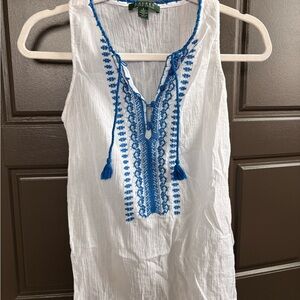 Ralph Lauren White Top with Blue Embroidery